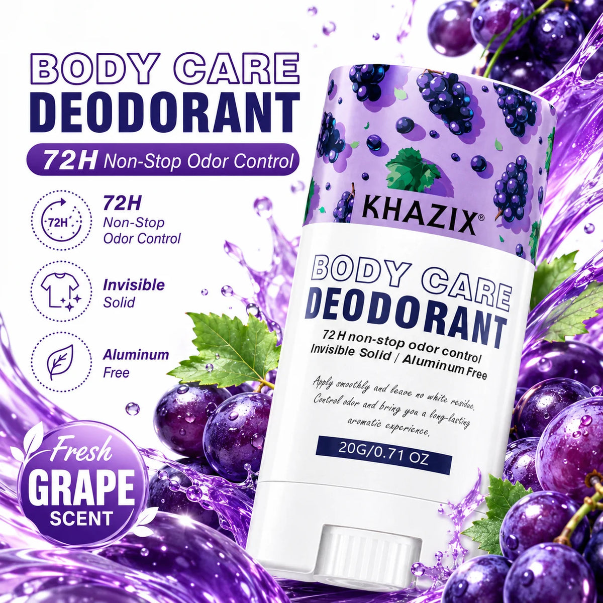 20g Body Deodorant Stick Aluminum Free Invisible Solid 72H Odor Control Long Lasting Freshness Grape Scent Daily Care