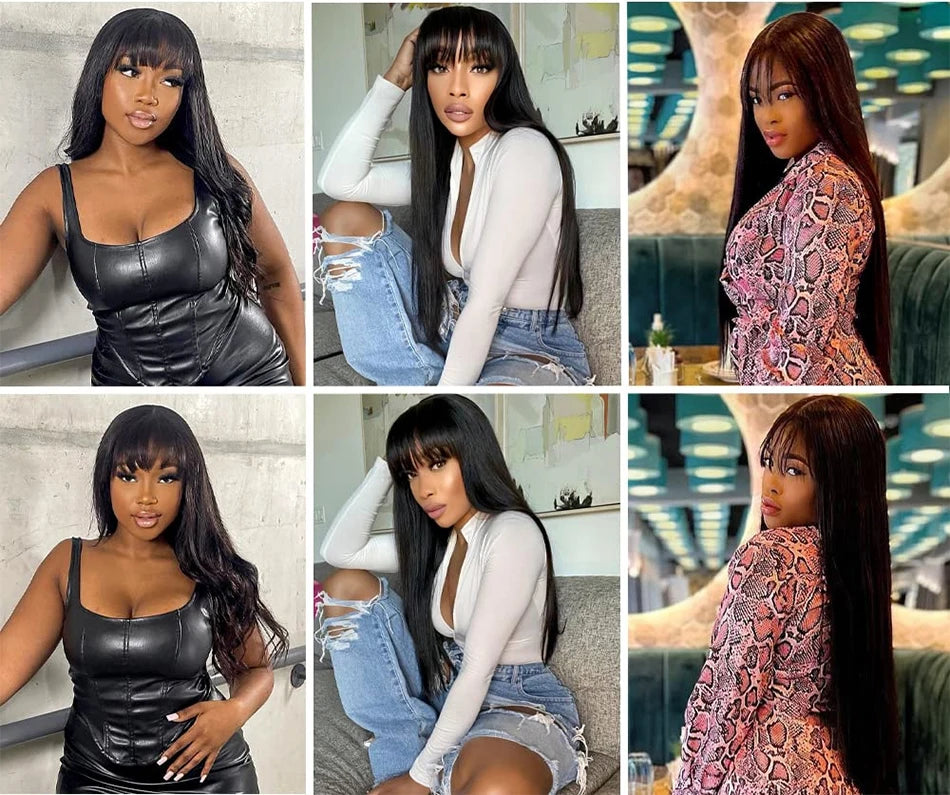 Silky Straight Human Hair Wigs With Bang Full Machine Made Wigs 8-30inch Natural Color AHJF Peruvian Remy Human Hair Wigs 220%