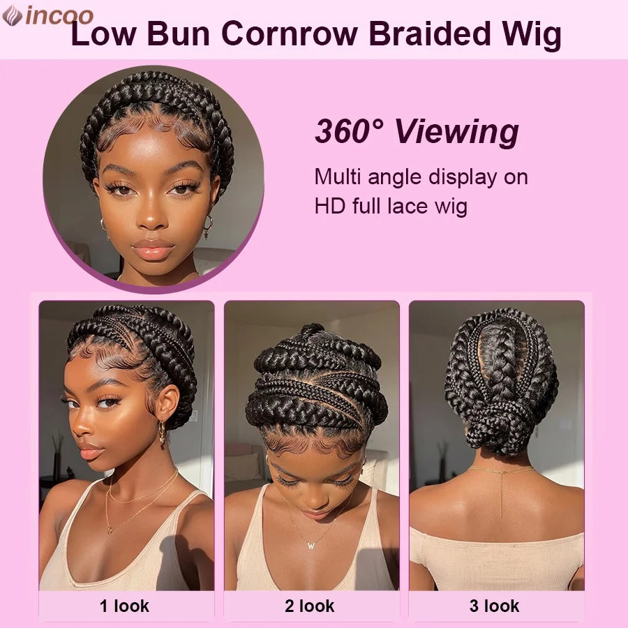 Short Bantu Knotless Braided Wigs Synthetic Full Lace Wig Box Braids Low Buns Wig Glueless Cornrow Braiding Hair Wigs For Women
