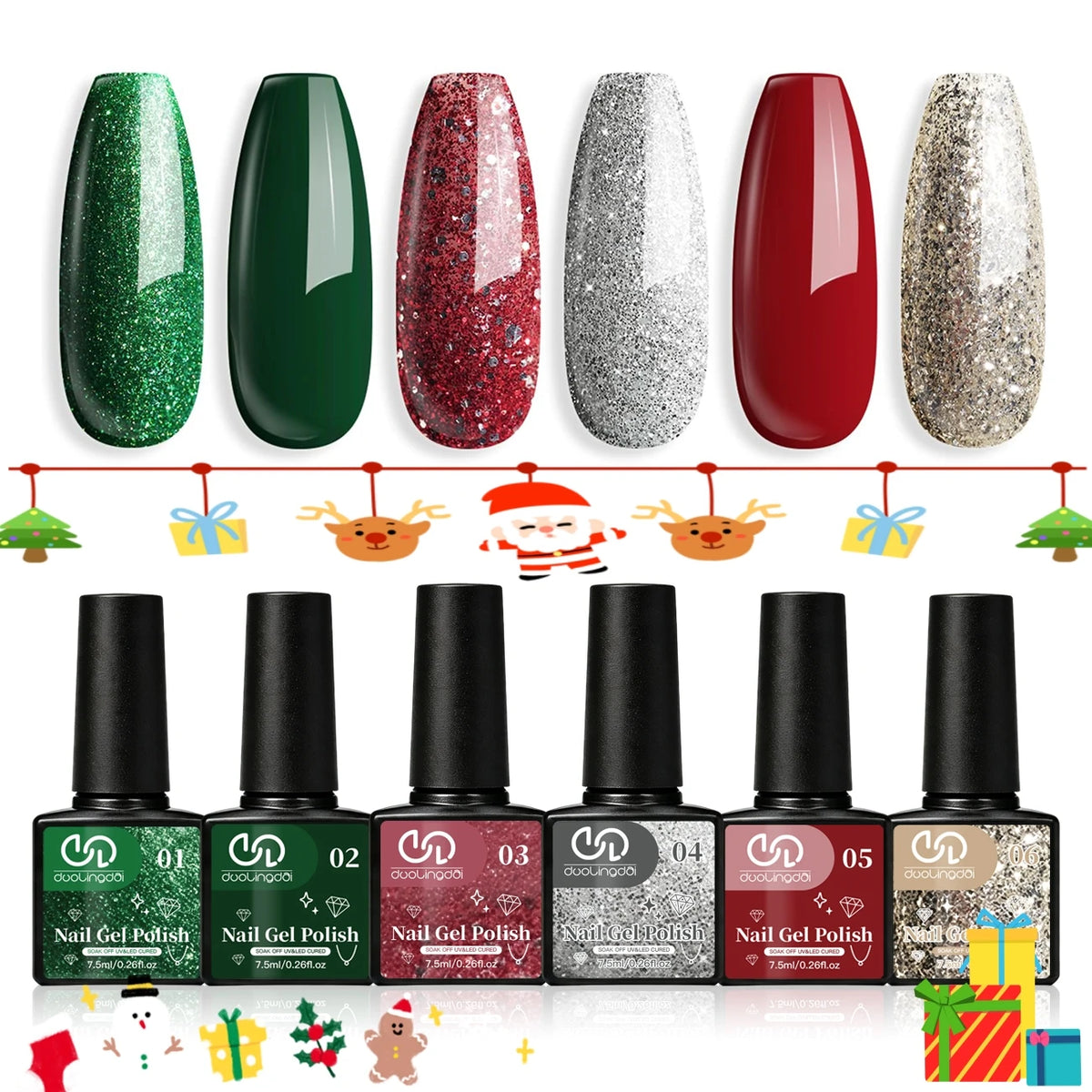 6 Colors Christmas Holiday Gel Nail Polish Set, Dark Green Red Silver Champagne Glitter Gel Polish Kit for Christmas Manicure