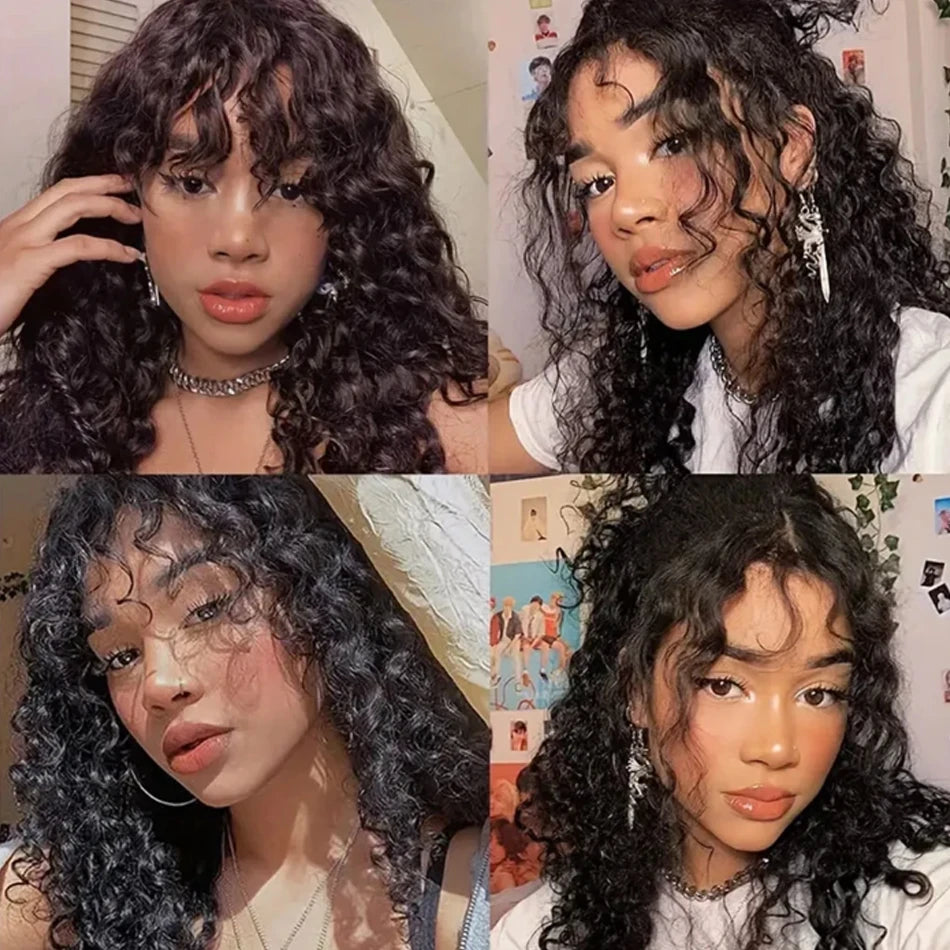 30inch Water Wave Human Hair Wigs With Bang Glueless Fringe Wig Kinky Deep Water Wig With Bangs Full Machine Made Wig Easy To Go