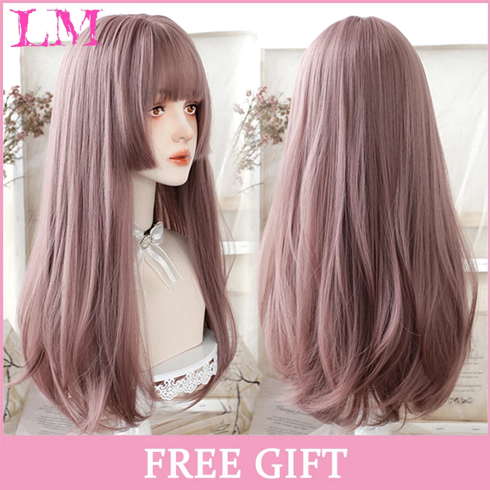 LM Light Blonde Wave Hair Wig Synthetic Long Wavy Wigs with Bangs for Women Cosplay Natural High Temperature Fiber