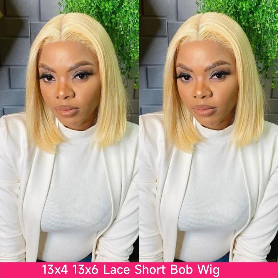 Short Bob Wig Human Hair 13x4 13x6 Transparent Lace Front Human Hair Wigs For Women 613 Honey Blonde Color Lace Frontal Wigs Pre Plucked 220% Density 10 12 14 inch Straight Brazilian Hair
