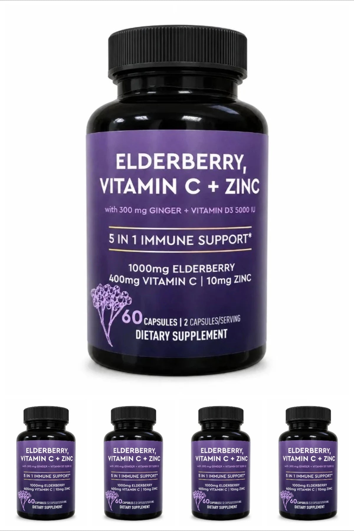 Elderberry Vitamin C Zinc Supplement with D3 5000 IU, Ginger Root Extract Sambucus Nigra Capsules 60 Count