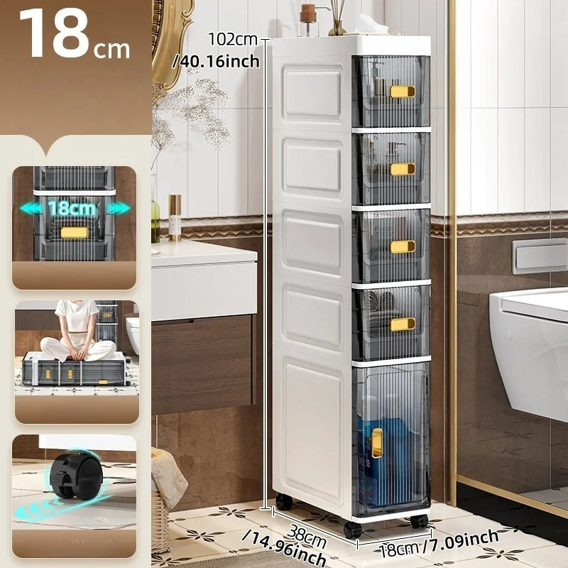 18cm Narrow Storage Cabinet, Multi-Tier Slim Organizer for Bathroom/Living Room, Holds Towel/Tissue/Cosmetic, Space-Saving Shelf