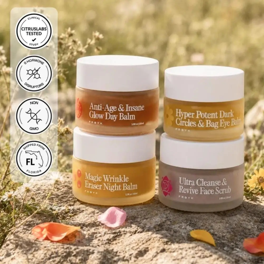 Froya Organics The Complete System For Mature Women's Skin Set Magic Wrinkle Eraser Night Balm Insane Glow Day Brand Cream Set
