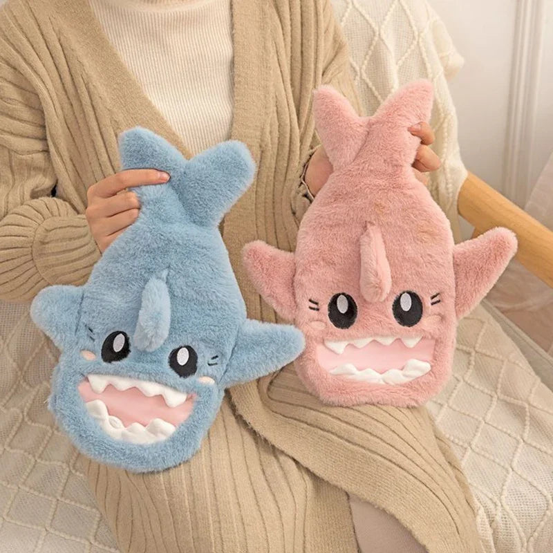 Portable Cute Plush Shark Hot Water Bottle Bag Stress Pain Relief Detachable Winter Warm Heat Reusable Hand Warmer