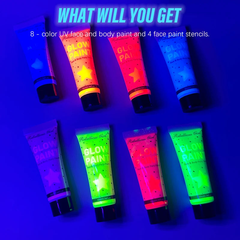 10ml 8 Colors UV Blacklight Face Paint with tattoo stickers，Fluorescent Neon Body Paints,Washable Quicker, Mardi Gras Halloween