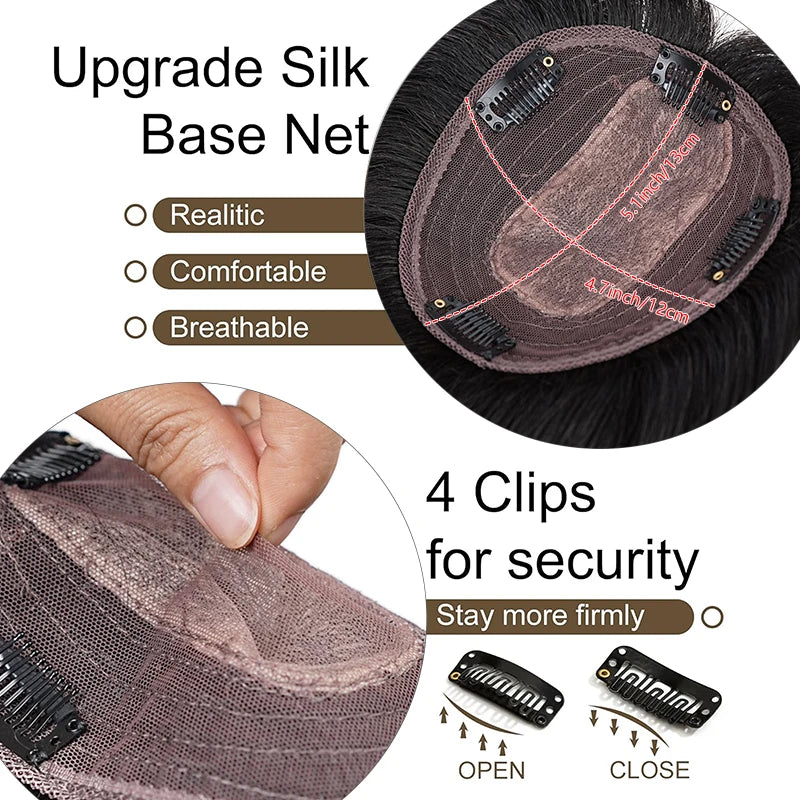 10 Inch 100% Human Hair 13X12cm Hairnet Clip in Hair Topper Extension with Bangs Top Wig Piece for Women Daily Life