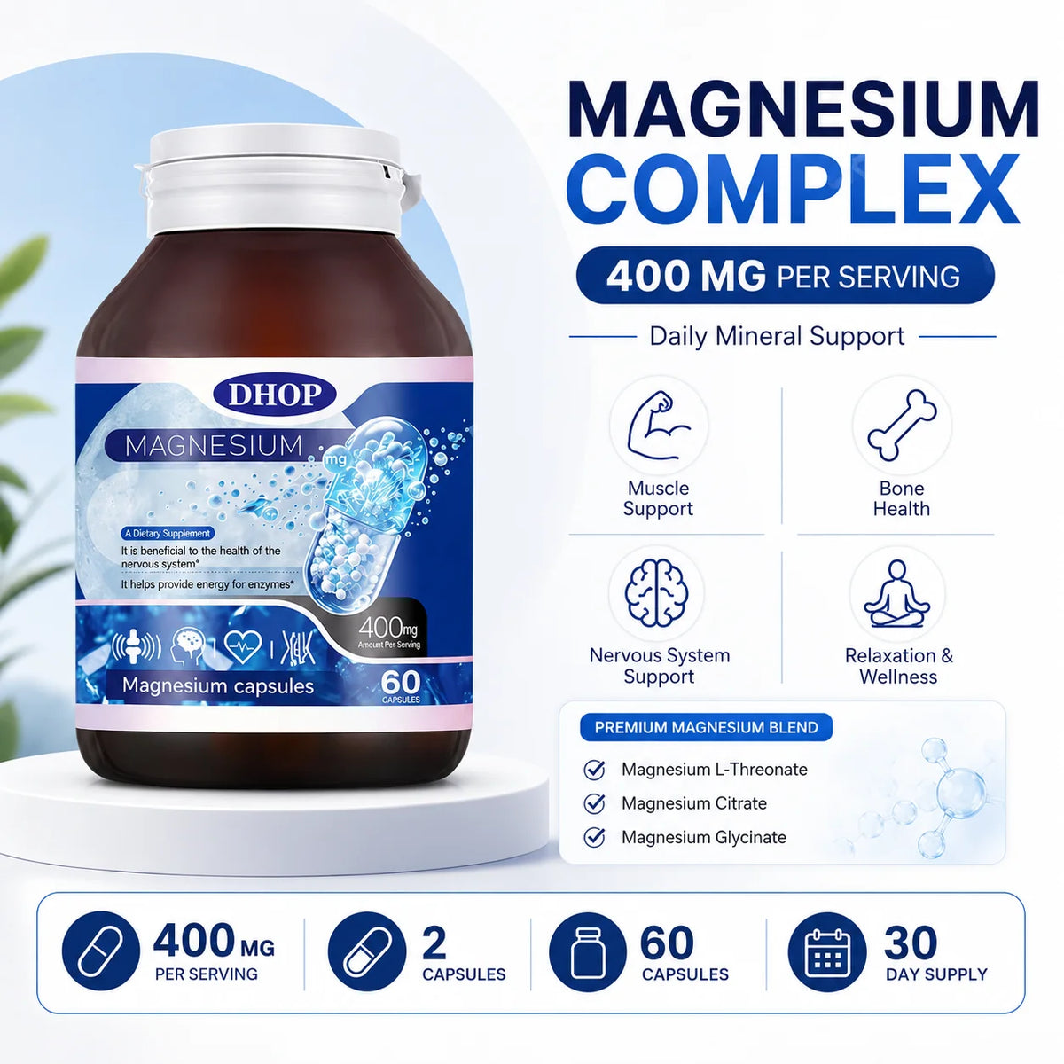 DHOP Magnesium Capsules 400mg 60 Count Bone Health Muscle Function Sleep Wellness Nervous System Support Supplement for Adults