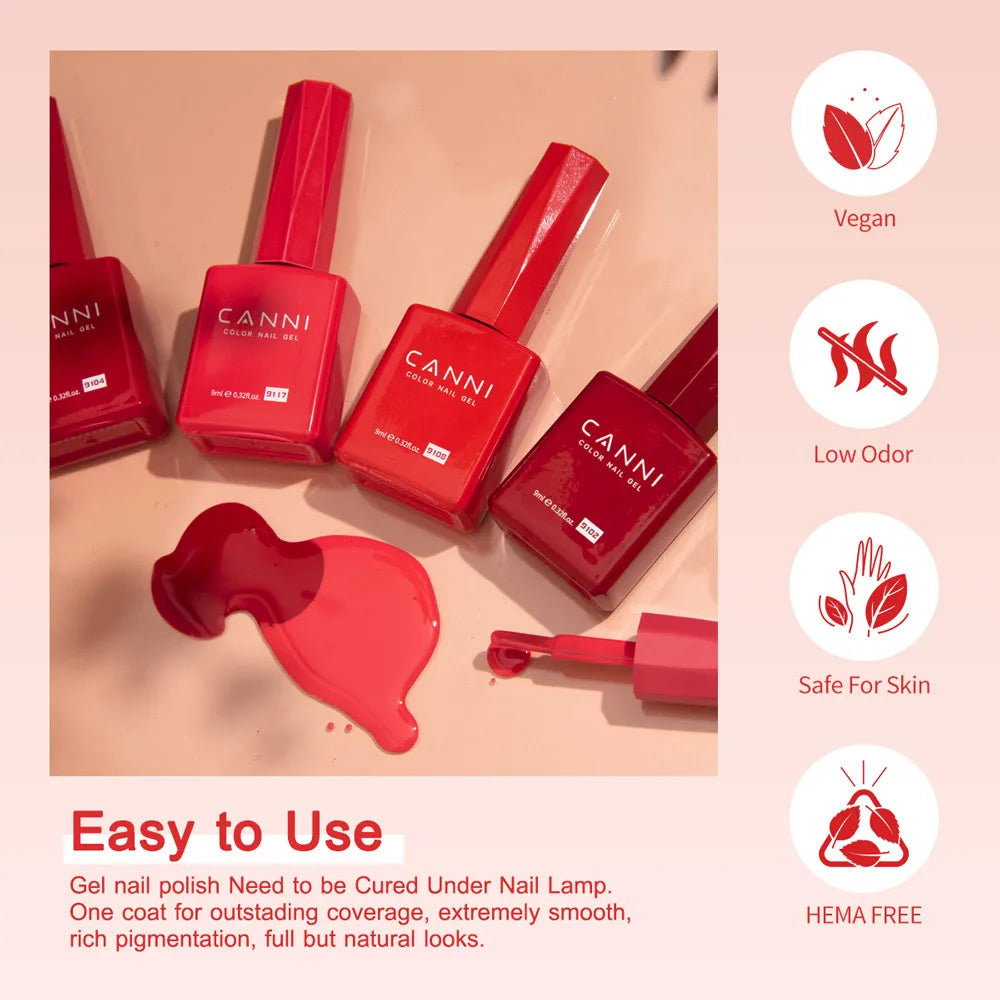 CANNI Hema Free Nail Gel Polish Christmas Red Color Collection Semi Permanent Nail Dehydrator Primer 9ml French Gorgeous Color