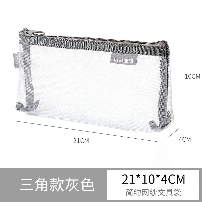 1PC Makeup Bags Case White Gray Black Large Capacity Mash Transparent Cosmetic Brush Bags Students Long Style Nylon Pencil Case