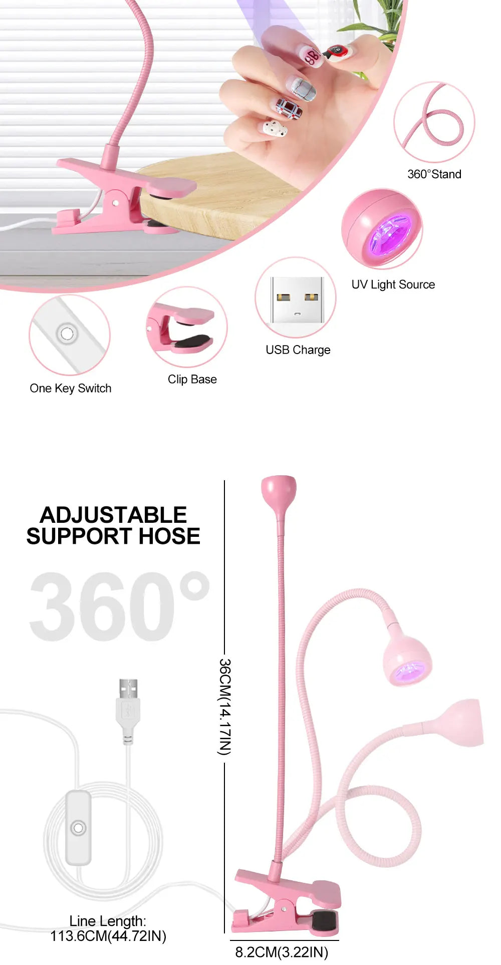 UV LED Light for Nails Polish Drying Lamp 360 Flexible Clip-on Desk Clip Mini USB Portable Nail Dryer Manicure Salon Tools
