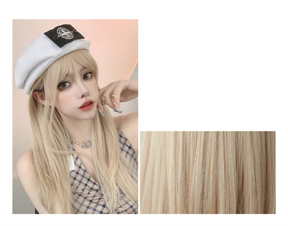 LM Light Blonde Wave Hair Wig Synthetic Long Wavy Wigs with Bangs for Women Cosplay Natural High Temperature Fiber