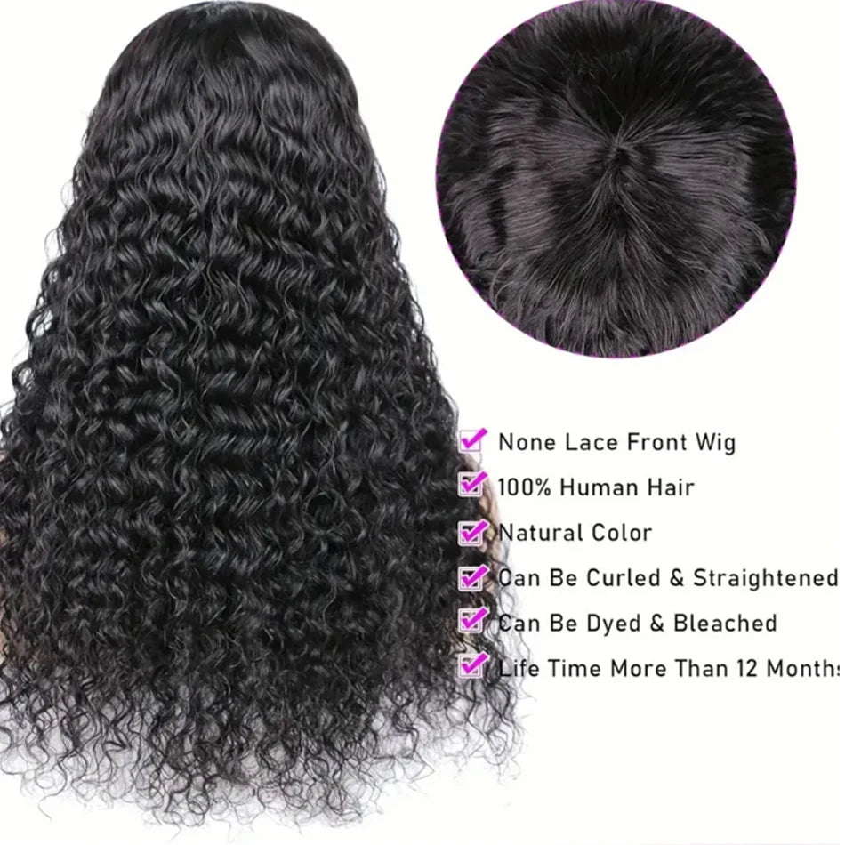 30inch Water Wave Human Hair Wigs With Bang Glueless Fringe Wig Kinky Deep Water Wig With Bangs Full Machine Made Wig Easy To Go