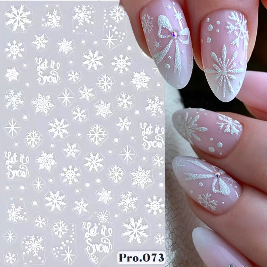 5D White Snowflakes Embossed Nail Art Stickers Winter Charm Decals Self Adhesive Christmas New Year Slider Decoration Manicure