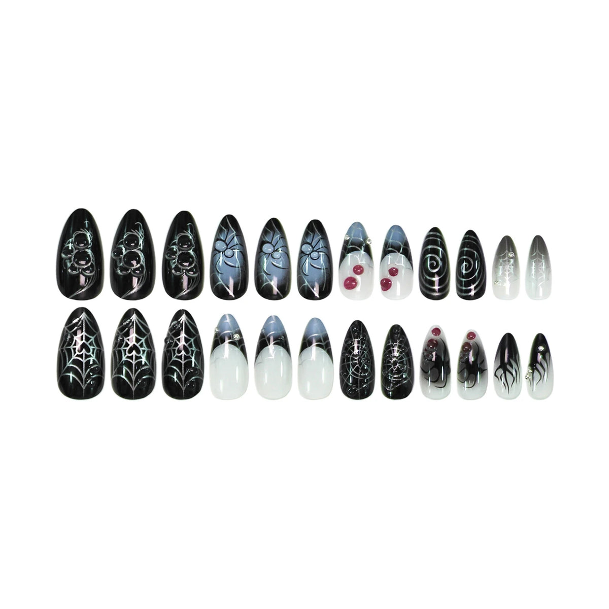 24pcs 3D Silver Spider Web Press On Nails Halloween French Style Stacking Diamond False Nails Dark Almond DIY Party Fake Nail