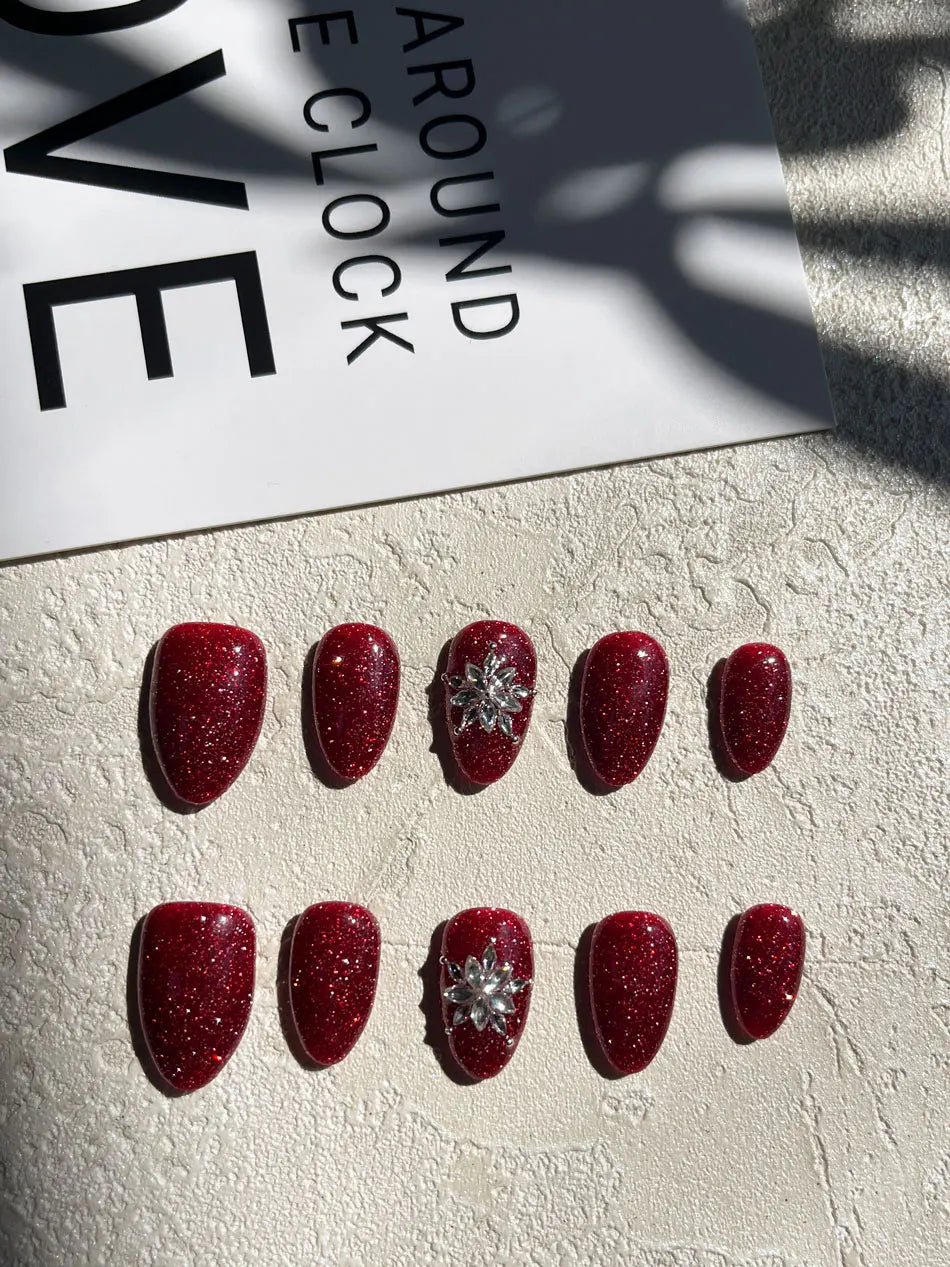 Christmas New Year Almond Fake Nails Red Glitter Press On Nails Silver Snowflake Crystal Handmade Nail Tips for Women 10Pcs