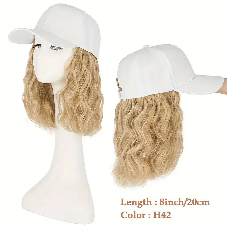 8" Short Wave Baseball Cap Wigs with Curly Hair Extensions for Women Daily Wear Synthetic Wave Adjustable Baseball Hat Wigs