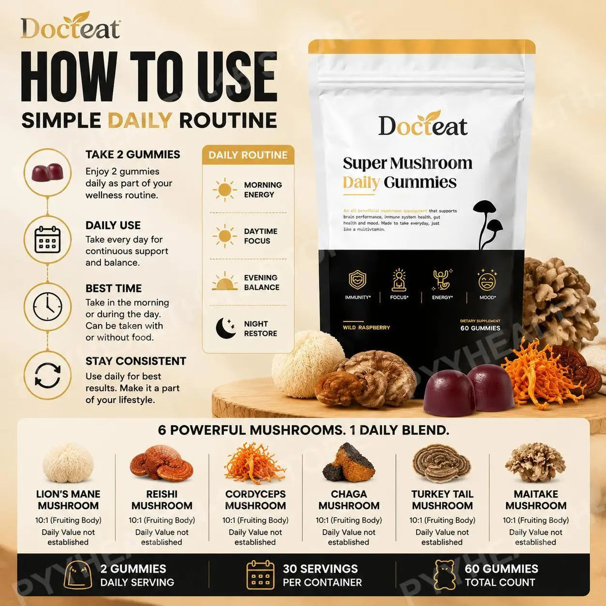 Docteat Super Mushroom Daily Gummies 10:1 Fruiting Body Blend Supports Cognitive Clarity Focus and Immune Vigilance 60 Gummies