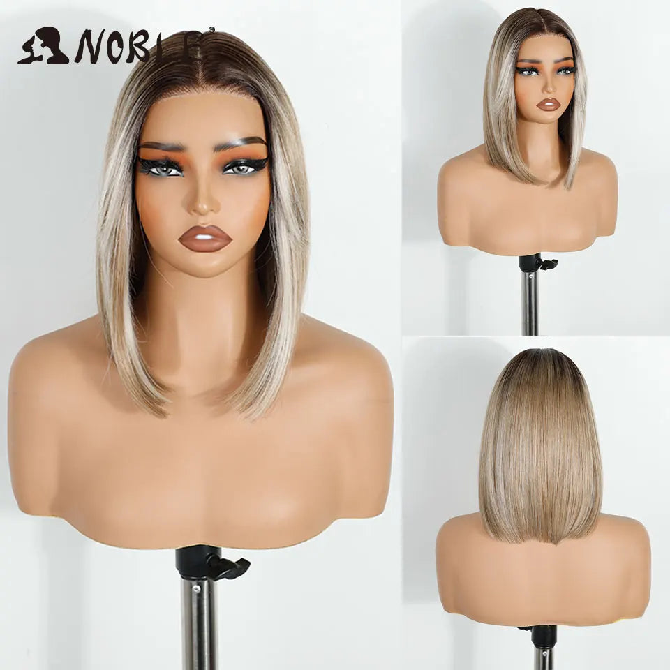 Noble Synthetic Lace Front Wigs For Women 12 Inch Pre Plucked Pre-Cut Ombre Brown Blonde Straight Layered Bob Wig Cosplay Wig