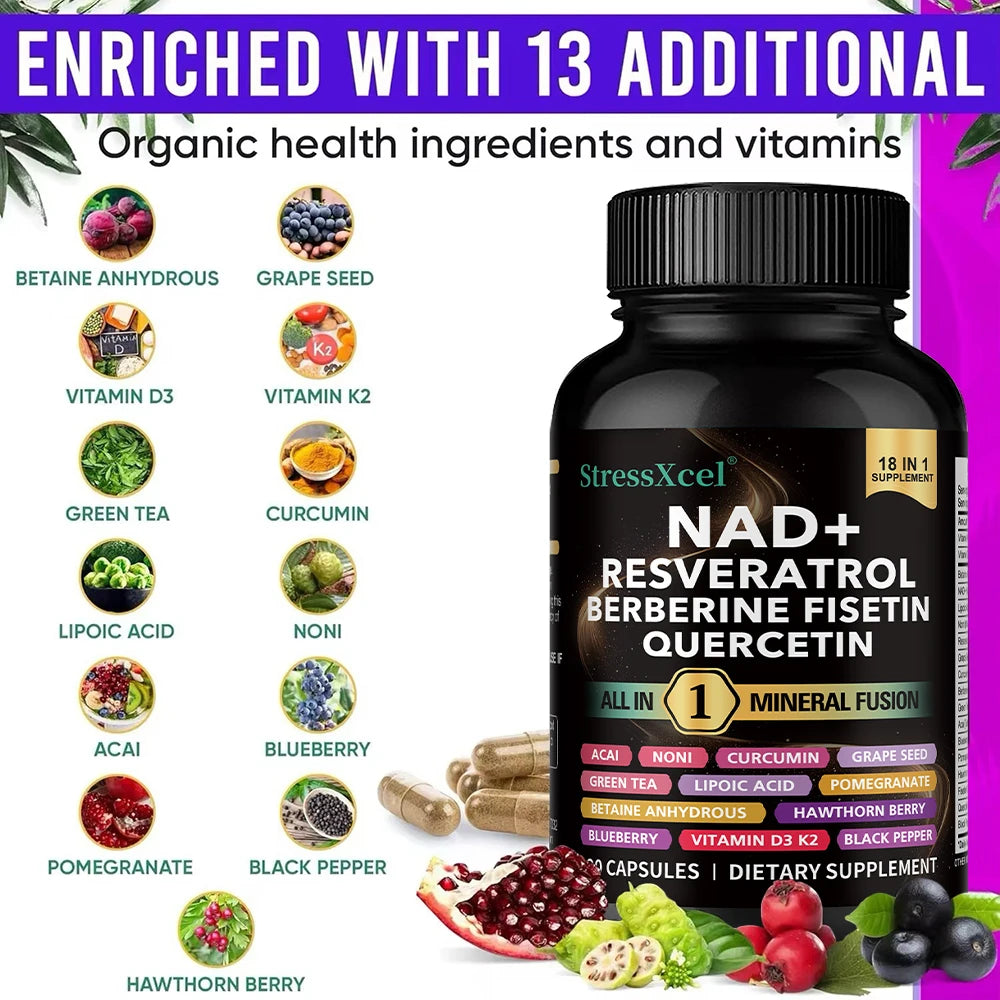 NAD+ Supplement with Resveratrol  & Quercetin - Boost NAD+ Levels, Energy & Anti-Aging Support - Vegan, 120 Softgels