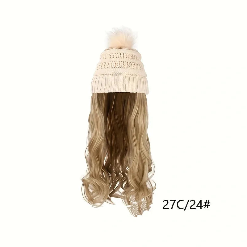 20inch Long Water Wavy Synthetic Hairpiece Beanie Hat - Woven Wigs with Knit Pom Cap and Warm Winter Design - Soft, Detachable,