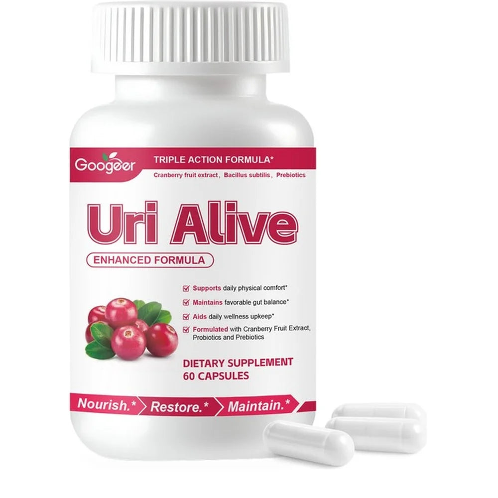 Googeer Uri Alive Triple Action Formula Capsules with Vitamin C, D-Mannose and Cranberry Extract for Urinary Support 60 Capsules