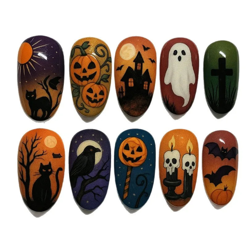 6 Sets Halloween Style Almond-Shaped Press On Nails with of 3D Embossed Pumpkin Bat Checkerboard Ghost Acrylic Fake Nail