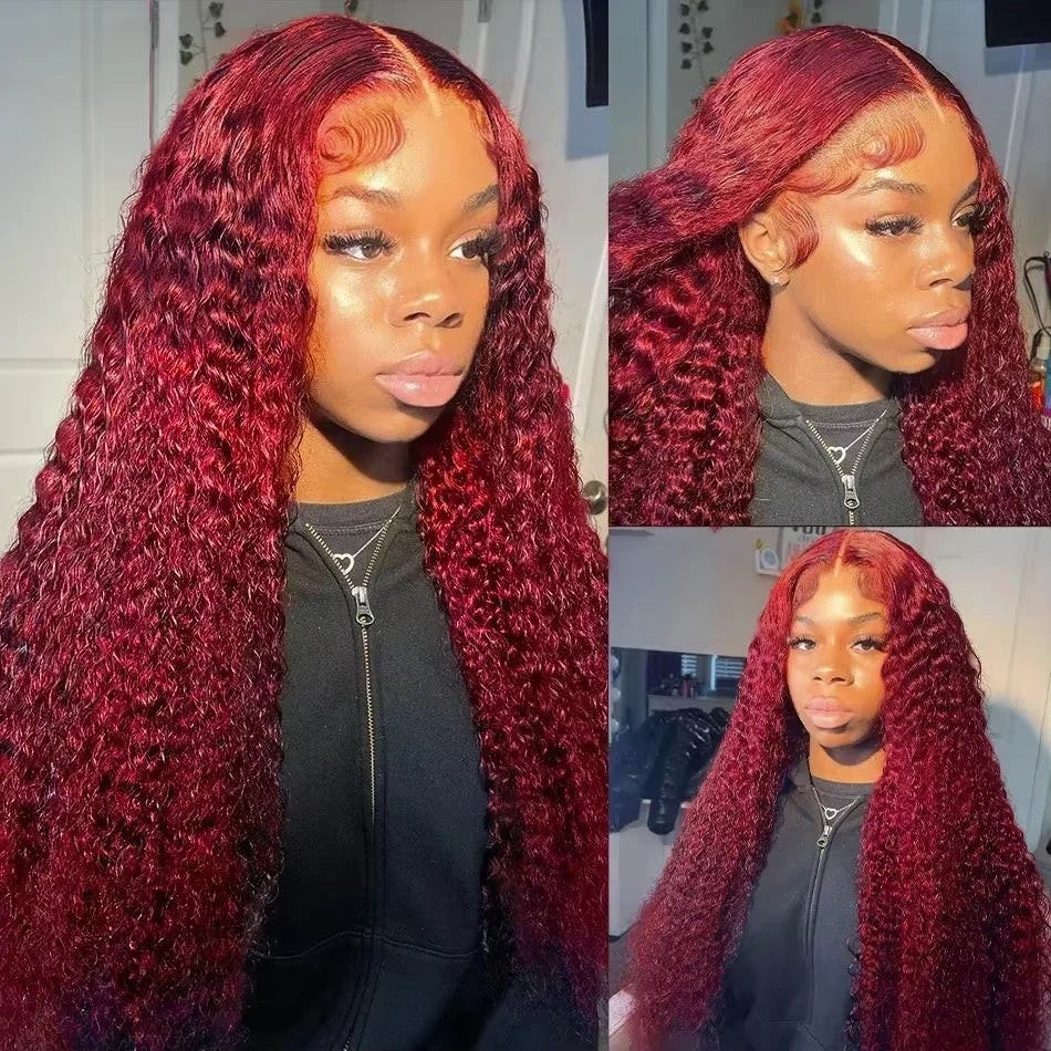 200 Density 13x4 Curly 99J Burgundy Lace Front Wig Red Wine Colored 30 38 Inch Deep Water Wave HD Lace Frontal Human Hair Wigs
