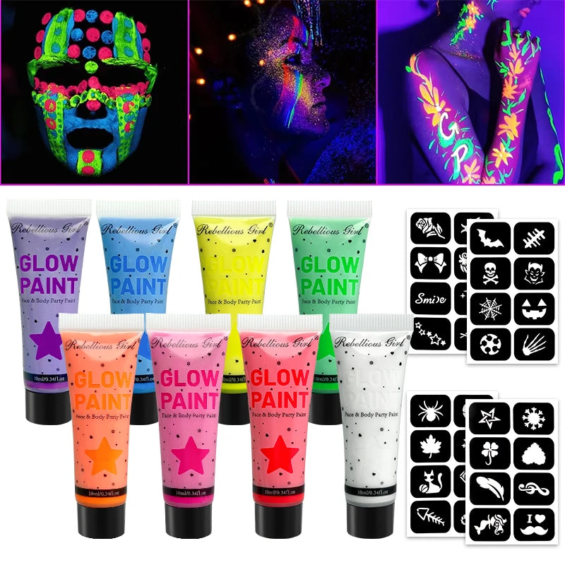 10ml 8 Colors UV Blacklight Face Paint with tattoo stickers，Fluorescent Neon Body Paints,Washable Quicker, Mardi Gras Halloween