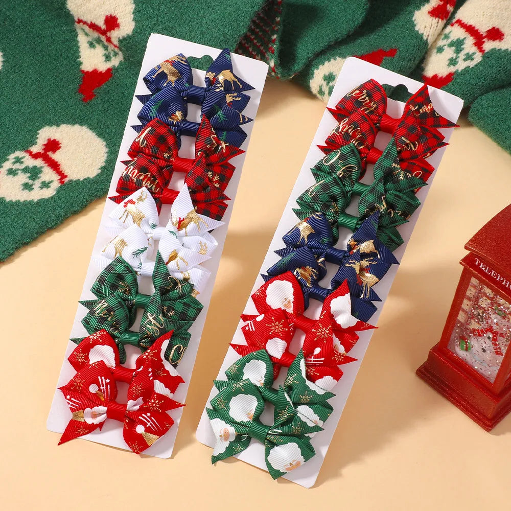 10Pcs Christmas Bow Hair Clips for Girls Santa Claus Print Ribbon Hairpins Boutique Party Cheer Kids Headwear Hair Accessories
