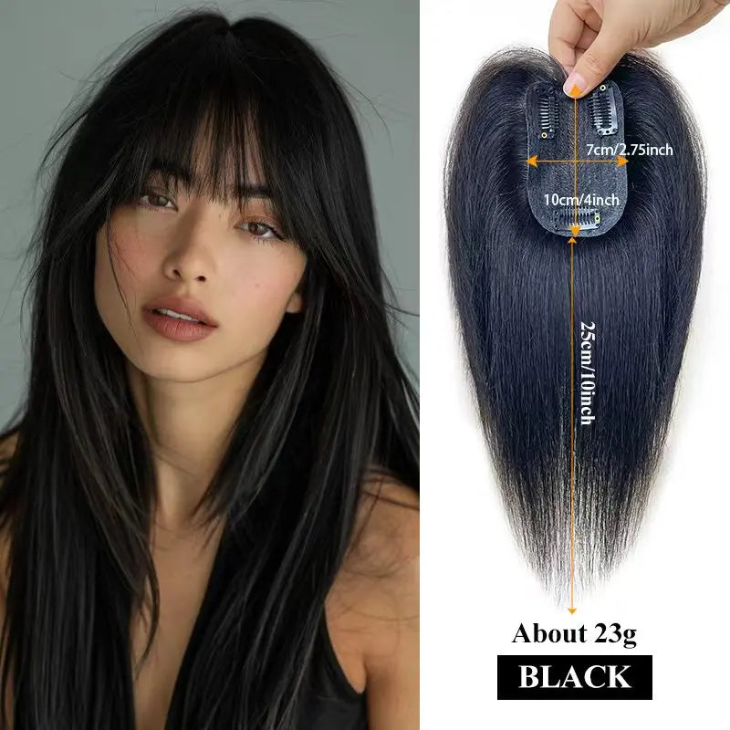 100% Human Hair 7X10cm Hairnet with French Bangs Toupee 25cm Straight Clip in Hair Extension Improve Volume Topper Hair Pieces