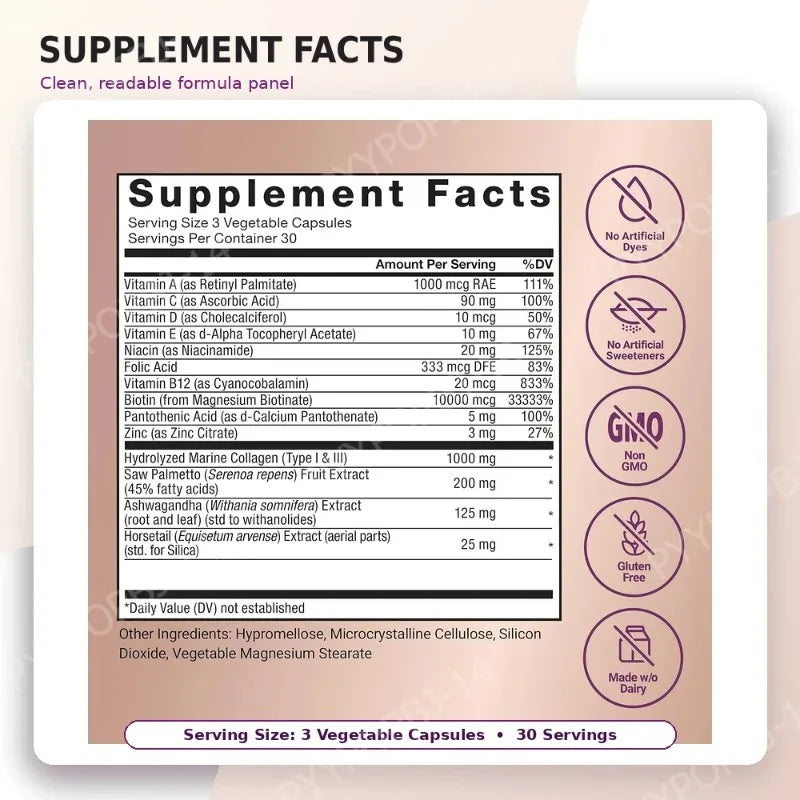 Hair Wellness Multivitamin – with Biotin, Collagen & Botanicals – Supports Healthy Hair – 90 Vegetable Capsules