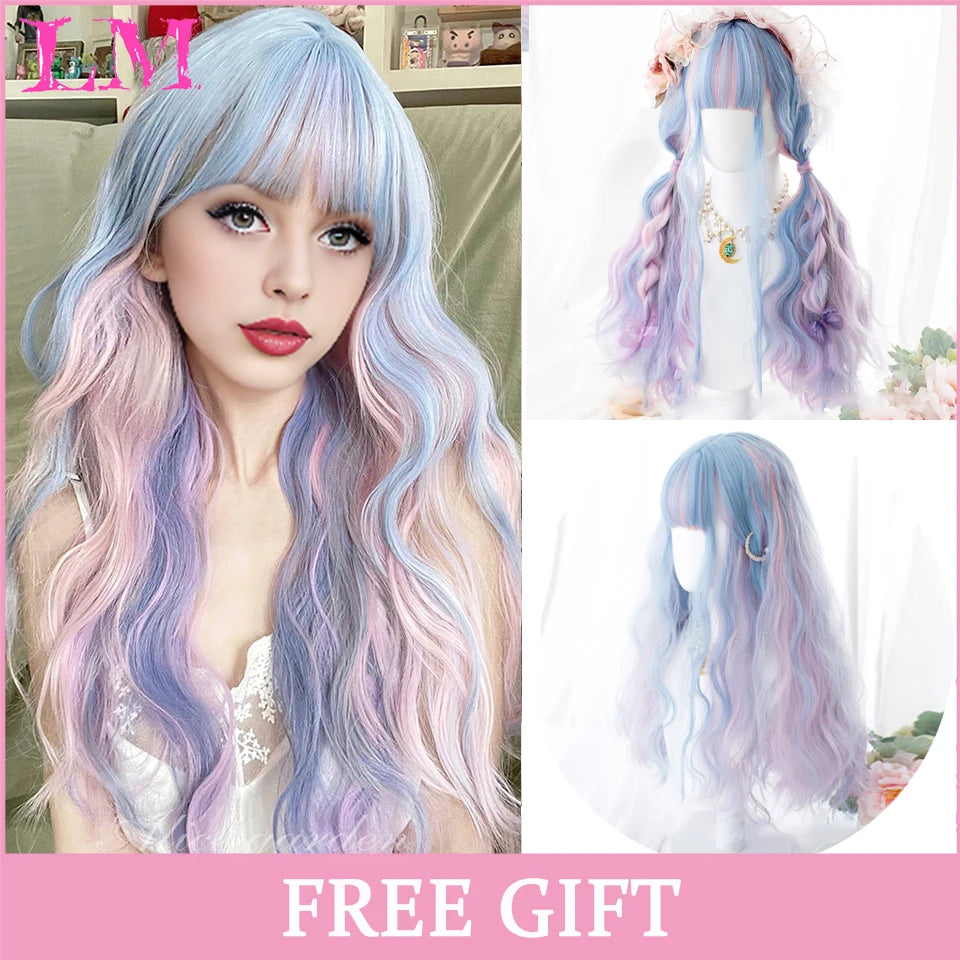 LM Light Blonde Wave Hair Wig Synthetic Long Wavy Wigs with Bangs for Women Cosplay Natural High Temperature Fiber