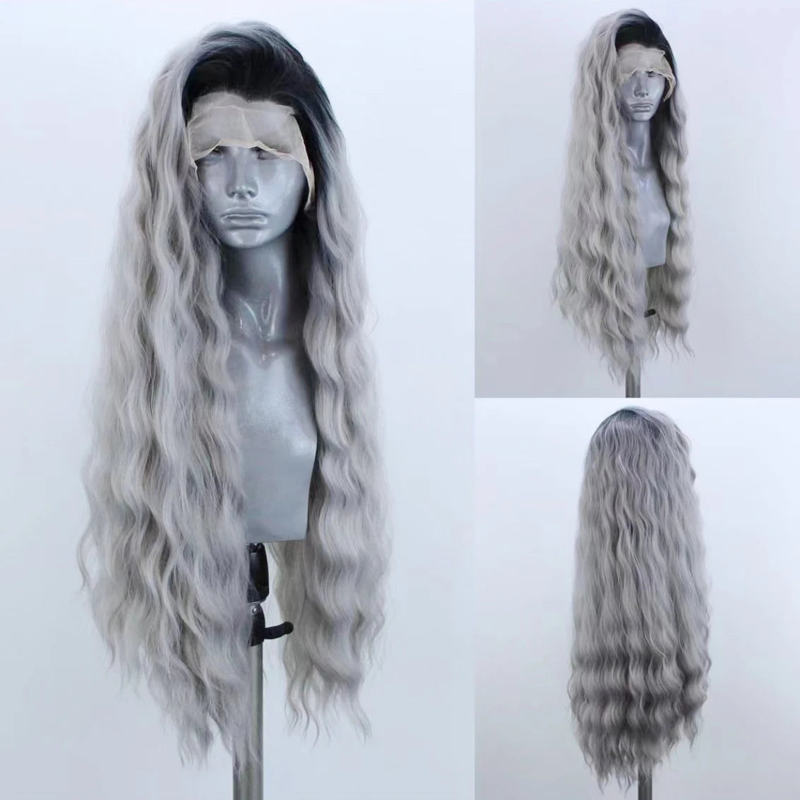 AIMEYA Platinum Wigs for Women Mix Blonde Synthetic Lace Front Wig Black Long Natural Wave Synthetic Hair Wig Daily Use Cosplay