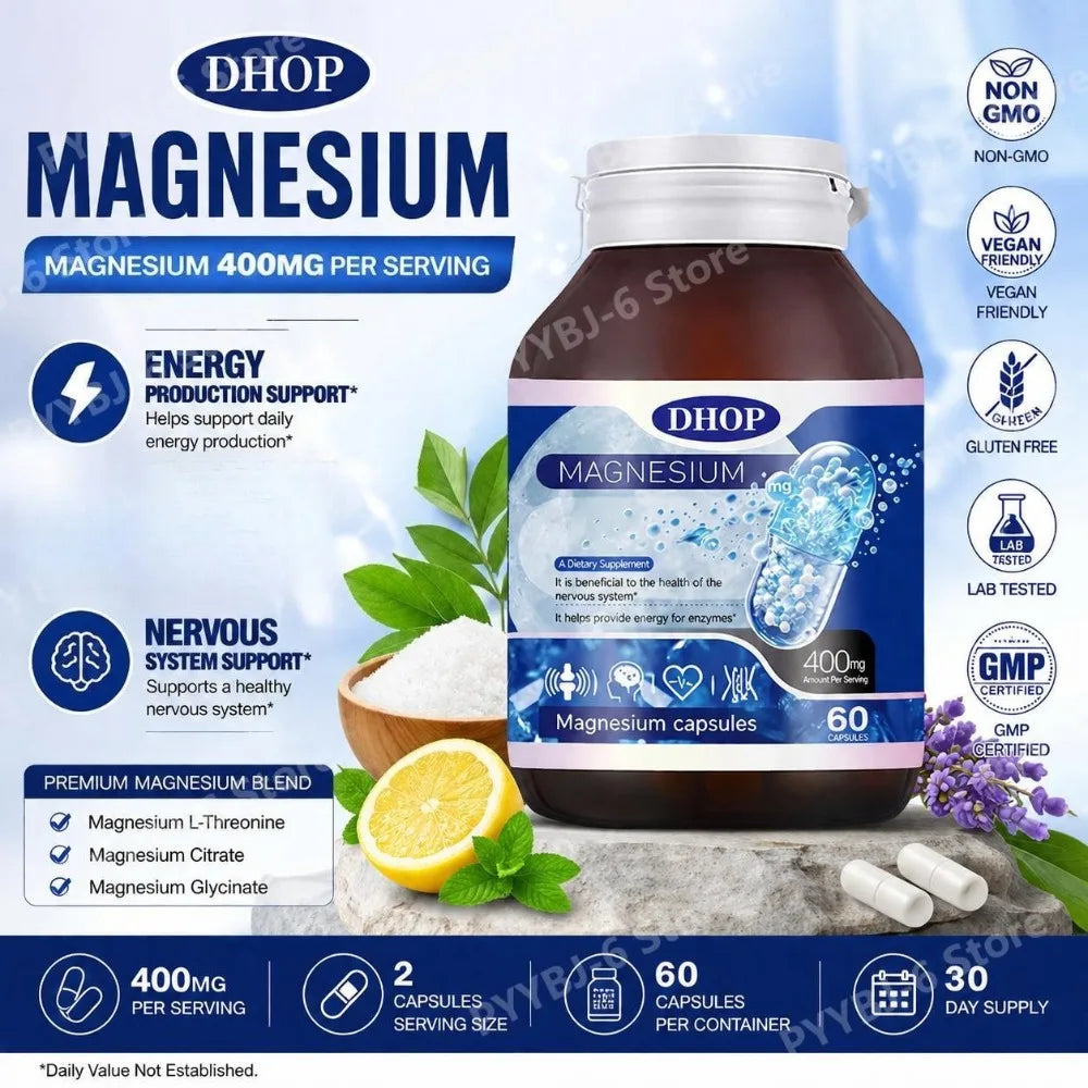 DHOP Magnesium Capsules 400mg 60 Count Bone Health Muscle Function Sleep Wellness Nervous System Support Supplement for Adults