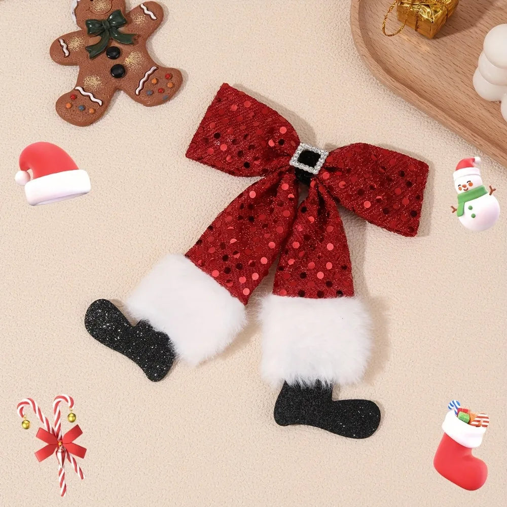 Red Christmas Bow Hair Clip for Party Santa Claus Belt And Shoes Themed Bow Hair Barrette  Hair Accessory for Xmas Christmas Eve