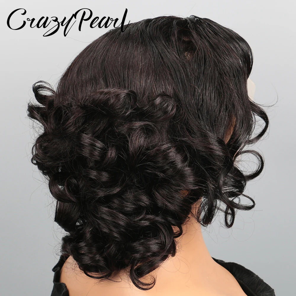 CrazyPearl Finger Wave Bob Lace Front Wig Human Hair Rose Short Vintage S-Curve Wavy Black HD Transparent Lace Wigs for Womem
