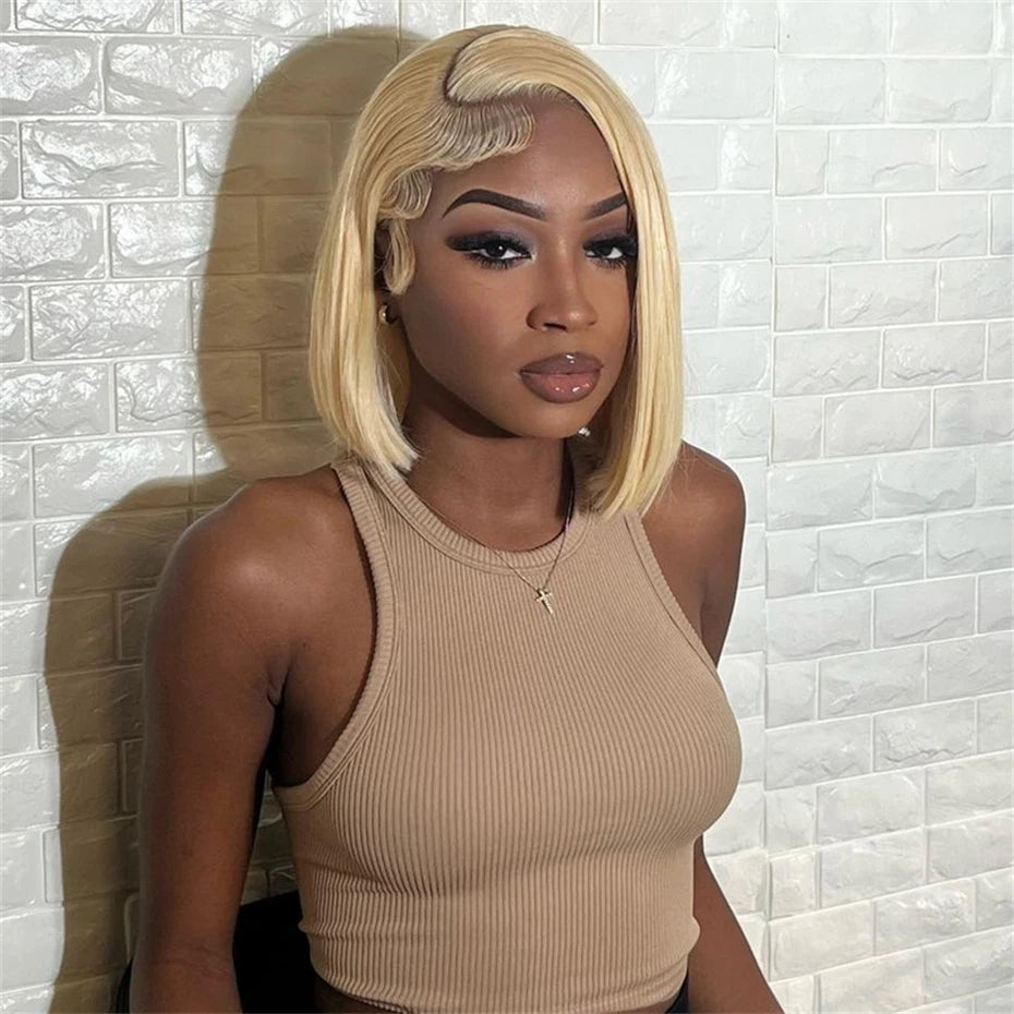 Short Bob Wig Human Hair 13x4 13x6 Transparent Lace Front Human Hair Wigs For Women 613 Honey Blonde Color Lace Frontal Wigs Pre Plucked 220% Density 10 12 14 inch Straight Brazilian Hair