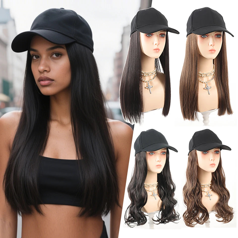 Long Wavy Curly Synthetic Wig Baseball Cap Hair Extensions Hat Wigs Black Brown Adjustable Hairpiece for Women