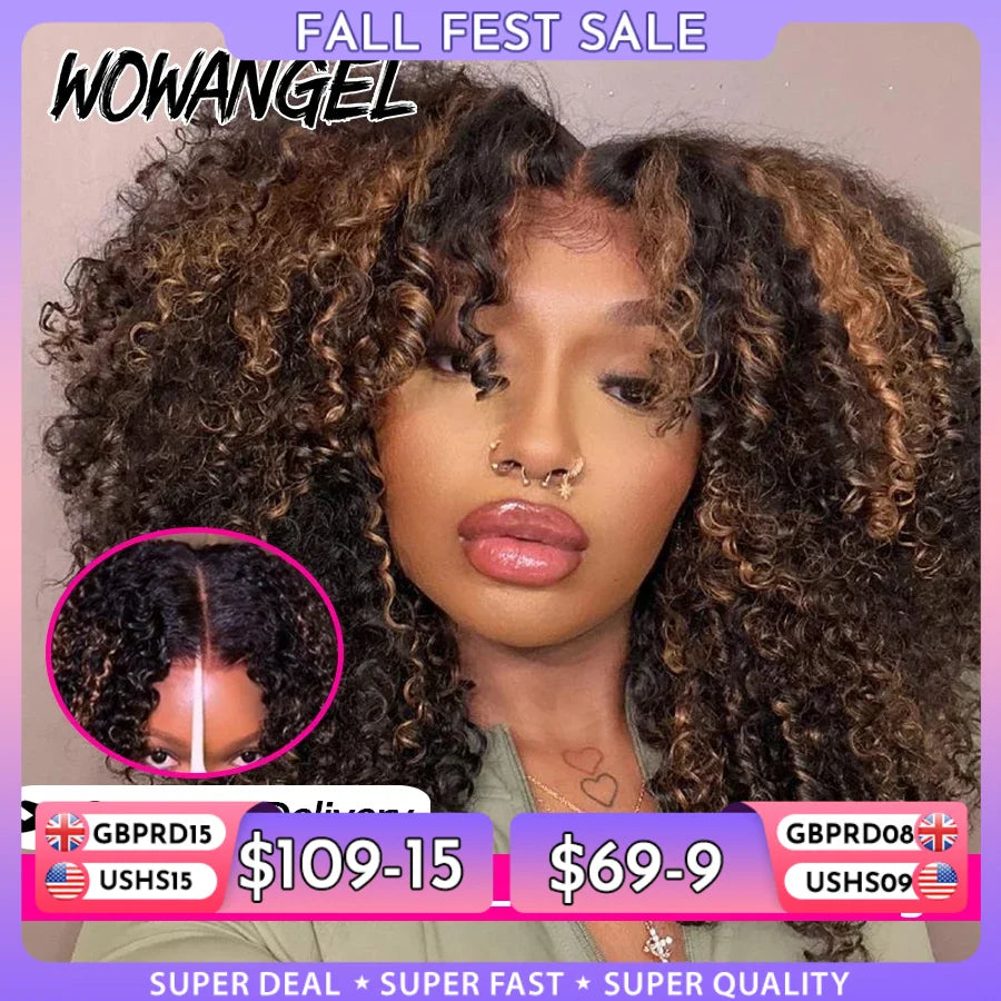 WOWANGEL 250% Kinky Curly Glueless Wigs 1B/27 Highlight Colored Wigs 5X5 HD Lace Closure Human Hair Wigs Pre Plucked For Women