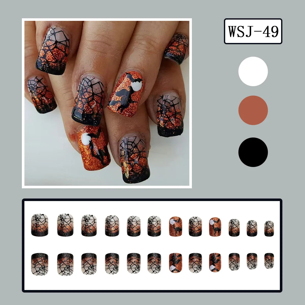 24pcs Simple Almond Press on Nails Cute White Ghost Bat Decor False Nails Wearable Reusable Spicy Cool Halloween Fake Nail Tips