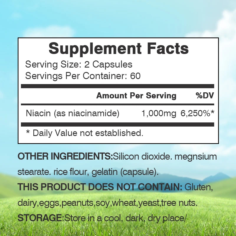 Niacinamide Vitamin B3 Capsules - Supports Brain Function and Heart Health, Boosts Energy Production, and Enhances Immunity