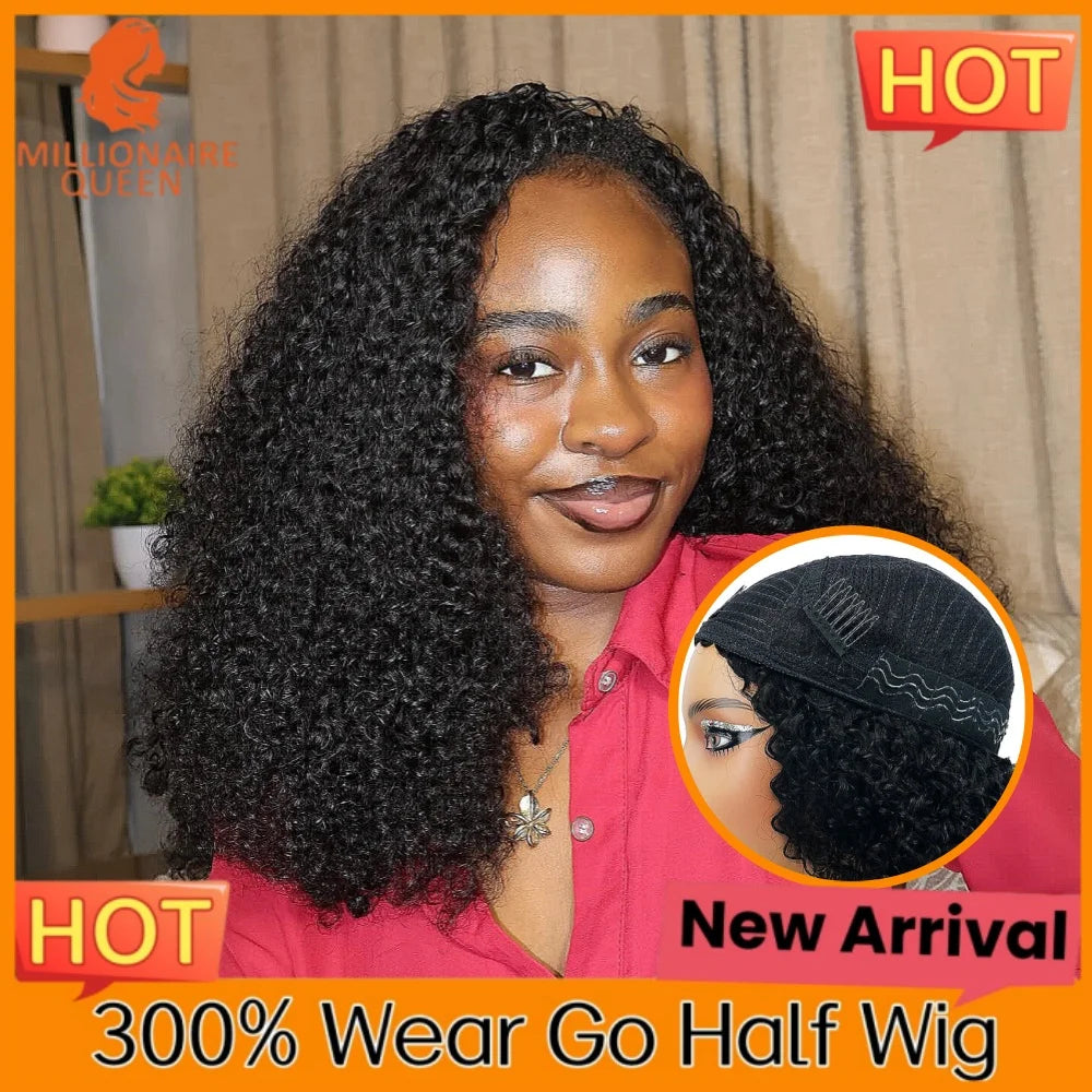 300% Millionaire Queen Half Wigs Wear and Go Beginner Friendly Headband Wig Pixie Curly Half Wig Clip Ins Flip Over Glueless Wig