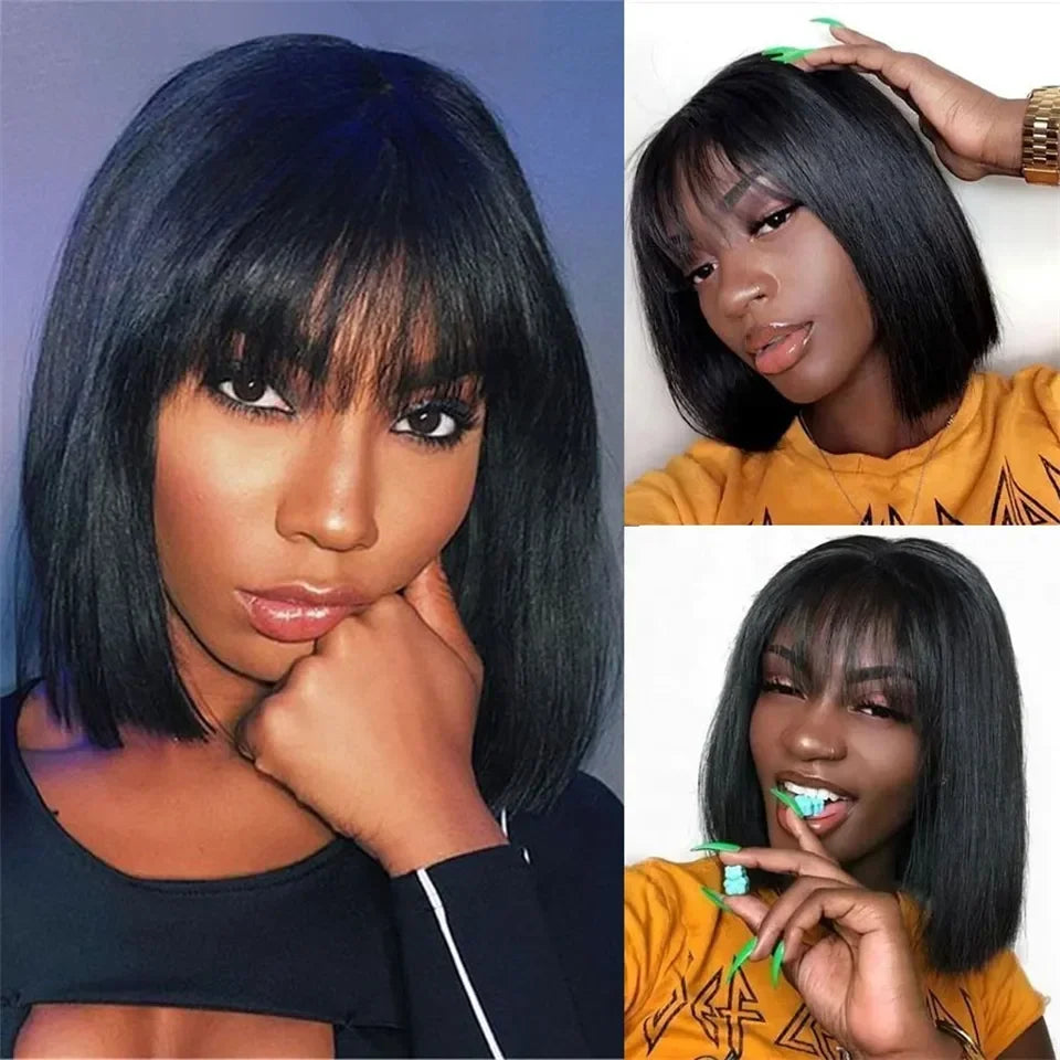 Peruvian Hair Straight Bob Non Lace Wigs 100% Human Hair Wig With Bang Natural Color Short Inch Bob Lace Wig For Black Women