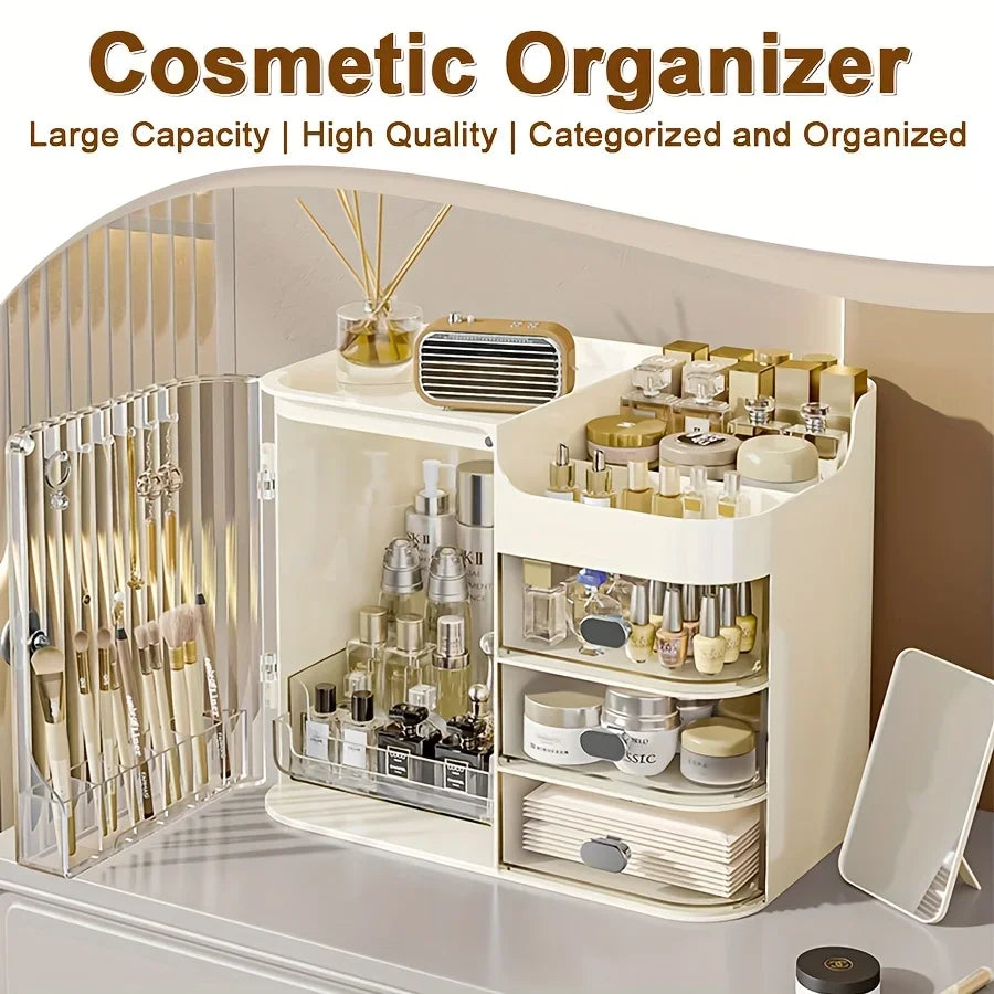 Beige Cosmetic Storage Box High Capacity Dustproof Makeup Organizer with Multi Drawers & Brush Holder for Desktop Dresser Home