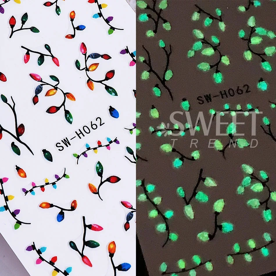 3pcs Glow In The Dark Christmas Light Nail Stickers String Lights Xmas Tree Star Adhesive Nail Decals DIY Manicure Decoration
