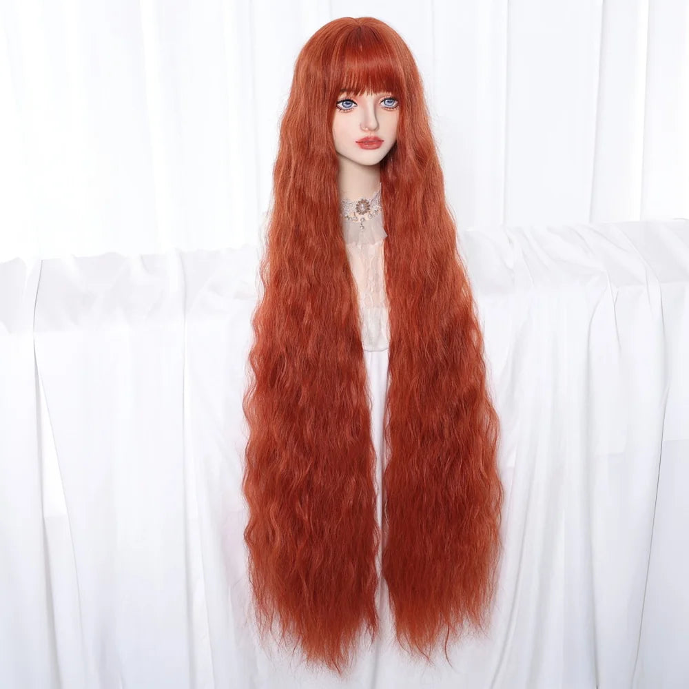 Copper Red Super Long Curly Synthetic Wig with Bangs Ginger Lolita Wavy Heat Resistant Cosplay Halloween Party Wigs for Women