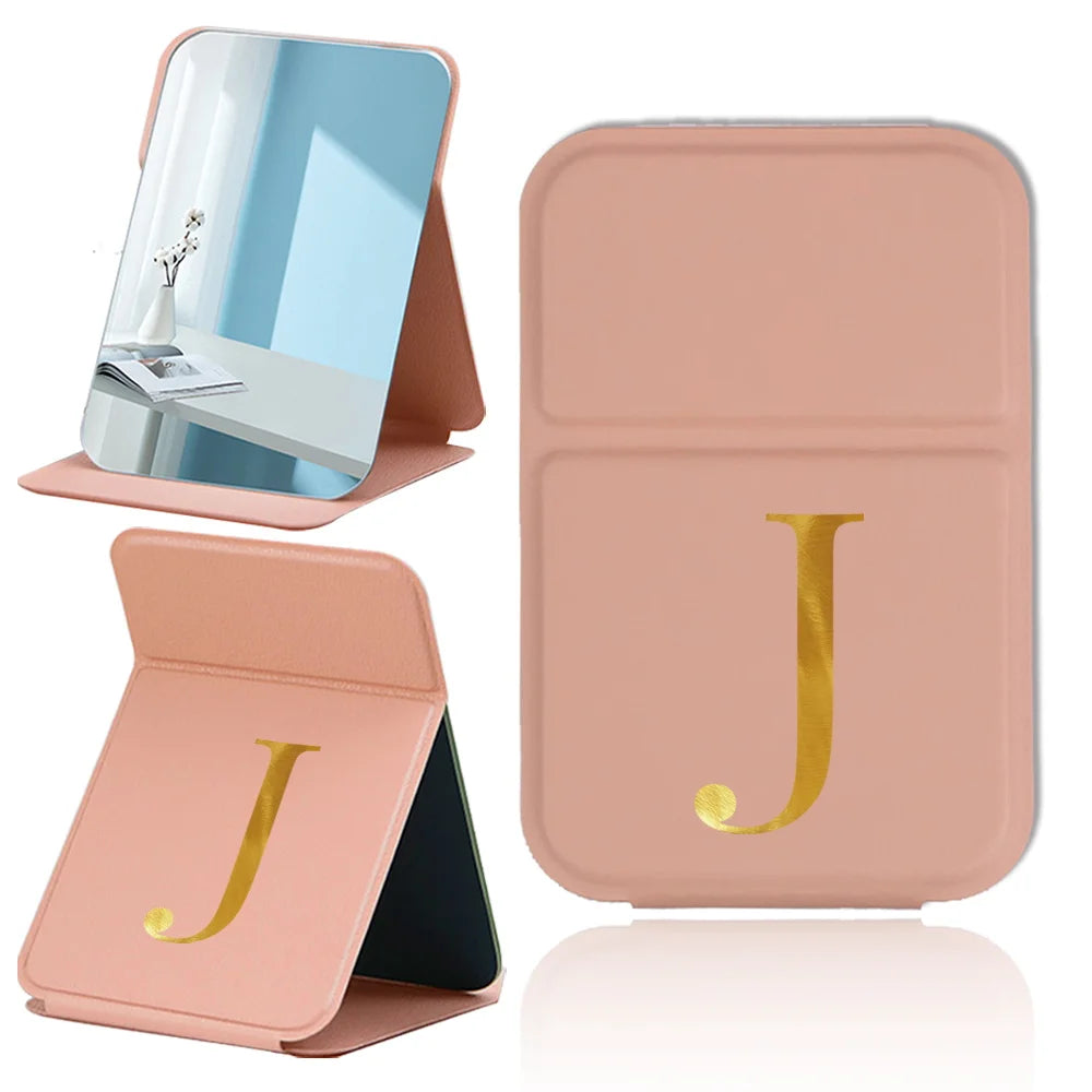 Personalized Pu Vanity Mirror Portable Handheld Makeup Mirror Folding Desktop Makeup Mirror Pocket Cosmetic Tool Letter Pattern